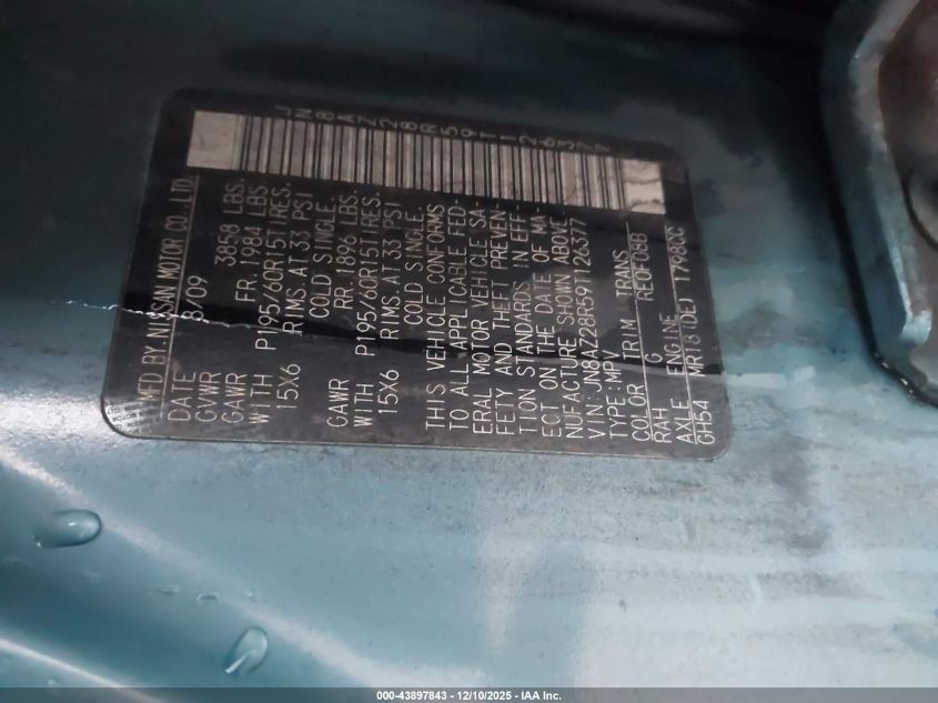 2009 Nissan Cube 1.8S VIN: JN8AZ28R59T126377 Lot: 43897843