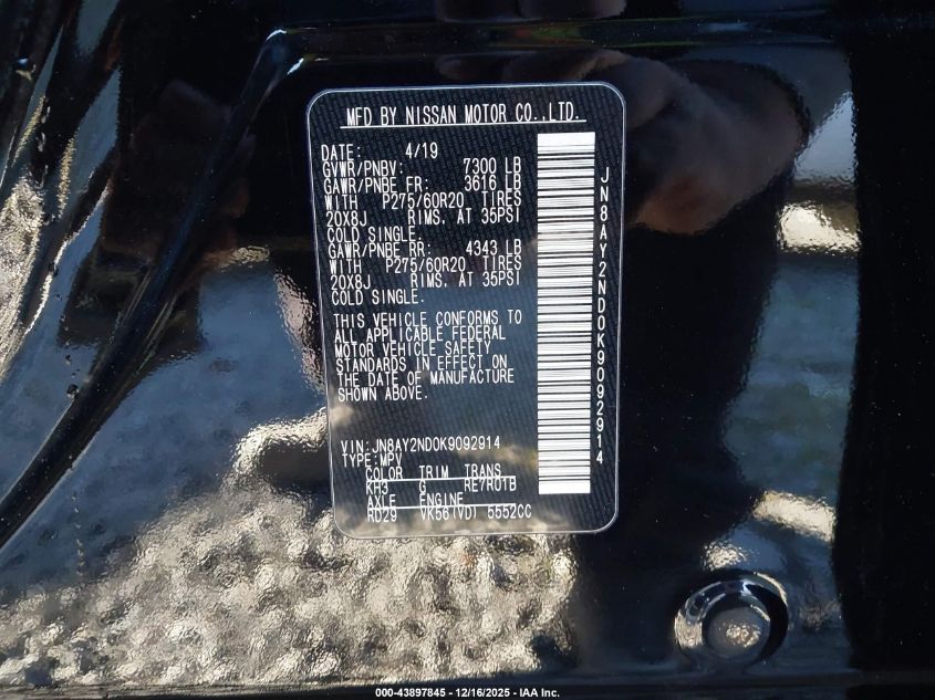 2019 Nissan Armada Sl VIN: JN8AY2ND0K9092914 Lot: 43897845