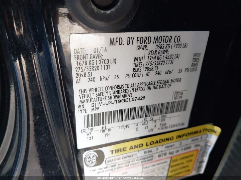 2016 Lincoln Navigator L Select VIN: 5LMJJ3JT9GEL07426 Lot: 43897847