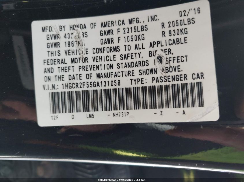 2016 Honda Accord Sport VIN: 1HGCR2F55GA131058 Lot: 43897849