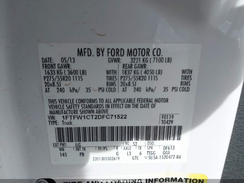 2013 Ford F-150 Platinum VIN: 1FTFW1CT2DFC71522 Lot: 43897857