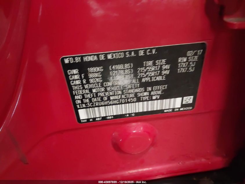 2017 Honda Hr-V Ex VIN: 3CZRU6H56HG701450 Lot: 43897859