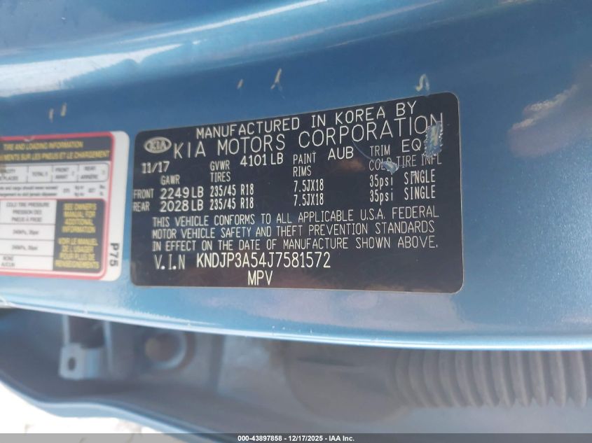 2018 Kia Soul + VIN: KNDJP3A54J7581572 Lot: 43897858