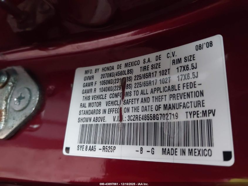 2008 Honda Cr-V Ex VIN: 3CZRE48558G702719 Lot: 43897861