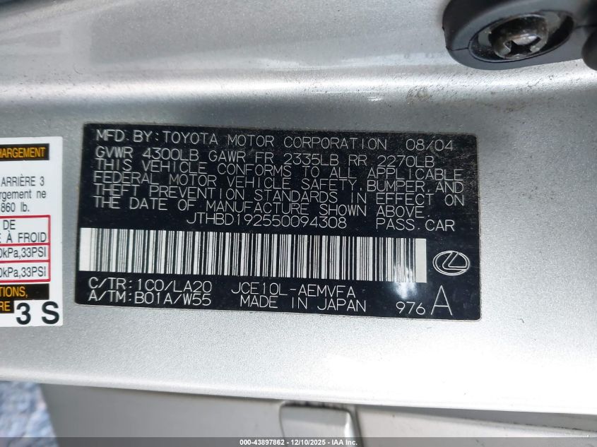 2005 Lexus Is 300 Base W/5-Speed Manual VIN: JTHBD192550094308 Lot: 43897862