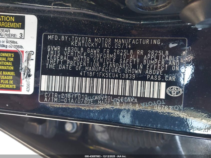 2014 Toyota Camry Le VIN: 4T1BF1FK5EU413839 Lot: 43897863