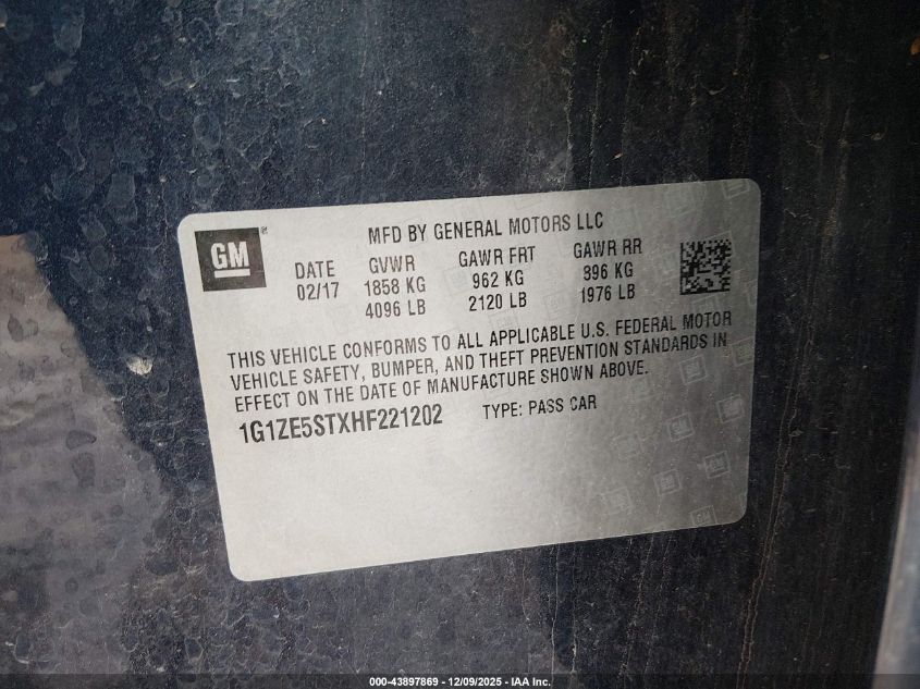 2017 Chevrolet Malibu 1Lt VIN: 1G1ZE5STXHF221202 Lot: 43897869