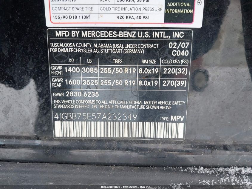 2007 Mercedes-Benz Ml 500 4Matic VIN: 4JGBB75E57A232349 Lot: 43897870