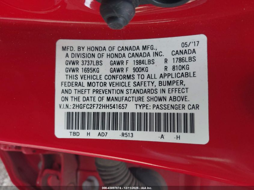 2017 Honda Civic Ex VIN: 2HGFC2F72HH541657 Lot: 43897874