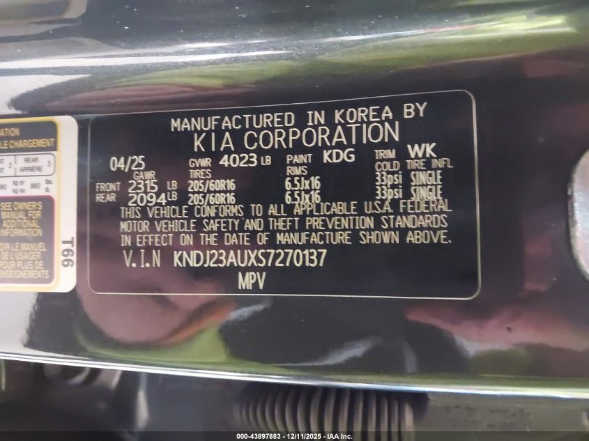 2025 Kia Soul Lx VIN: KNDJ23AUXS7270137 Lot: 43897883