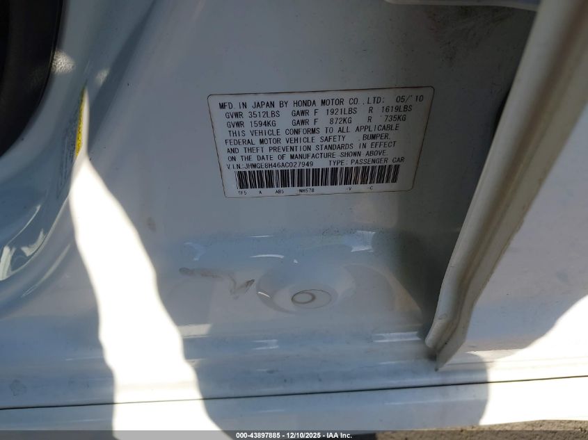 2010 Honda Fit Sport VIN: JHMGE8H46AC027949 Lot: 43897885