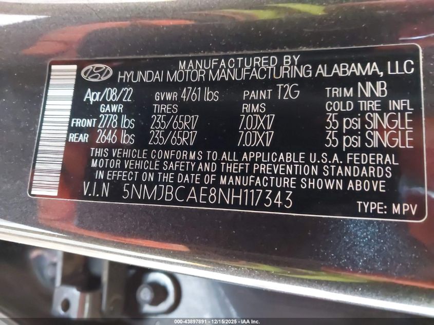 2022 Hyundai Tucson Sel VIN: 5NMJBCAE8NH117343 Lot: 43897891