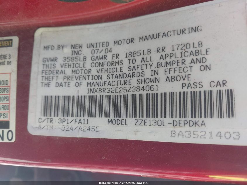 2005 Toyota Corolla Ce VIN: 1NXBR32E25Z384061 Lot: 43897893