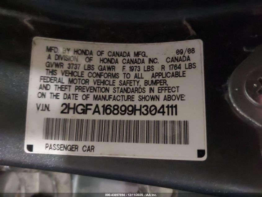 2009 Honda Civic Ex VIN: 2HGFA16899H304111 Lot: 43897894