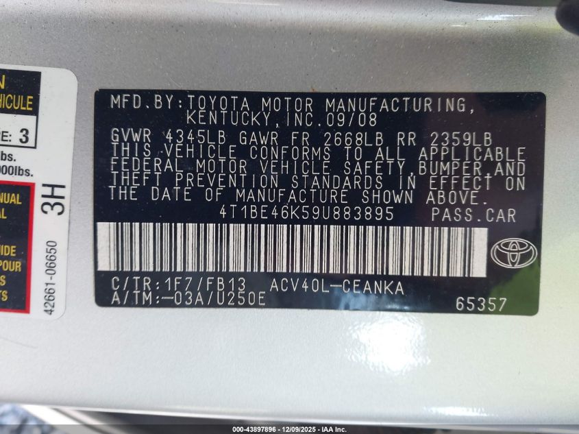 2009 Toyota Camry Le VIN: 4T1BE46K59U883895 Lot: 43897896