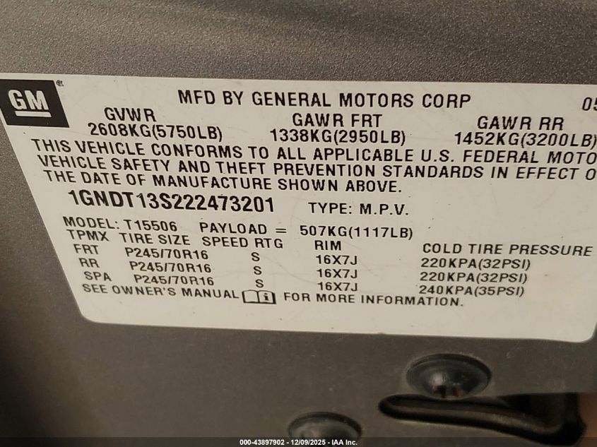 2002 Chevrolet Trailblazer Ls VIN: 1GNDT13S222473201 Lot: 43897902