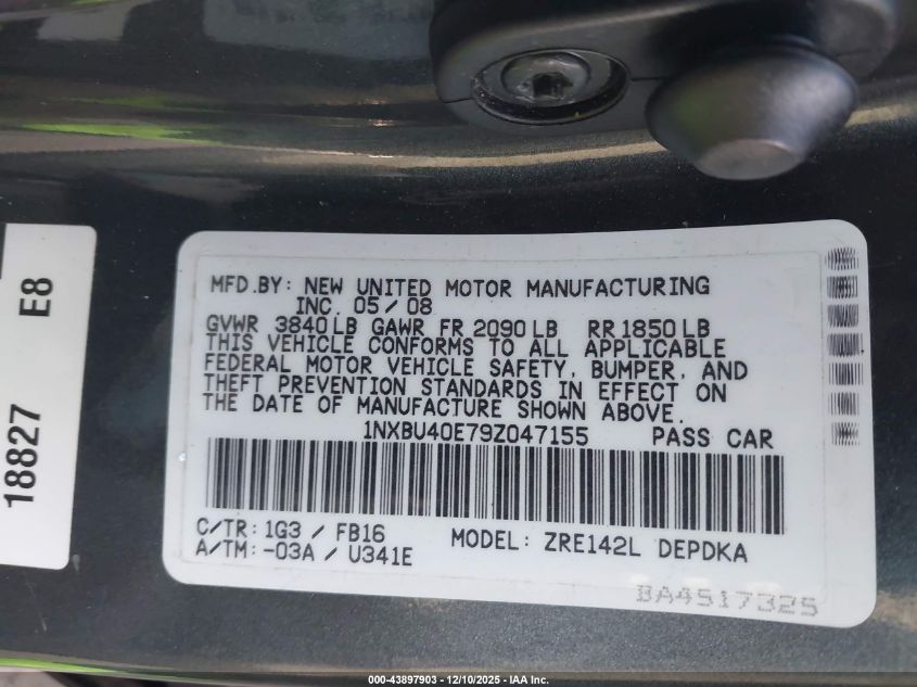 2009 Toyota Corolla Le VIN: 1NXBU40E79Z047155 Lot: 43897903