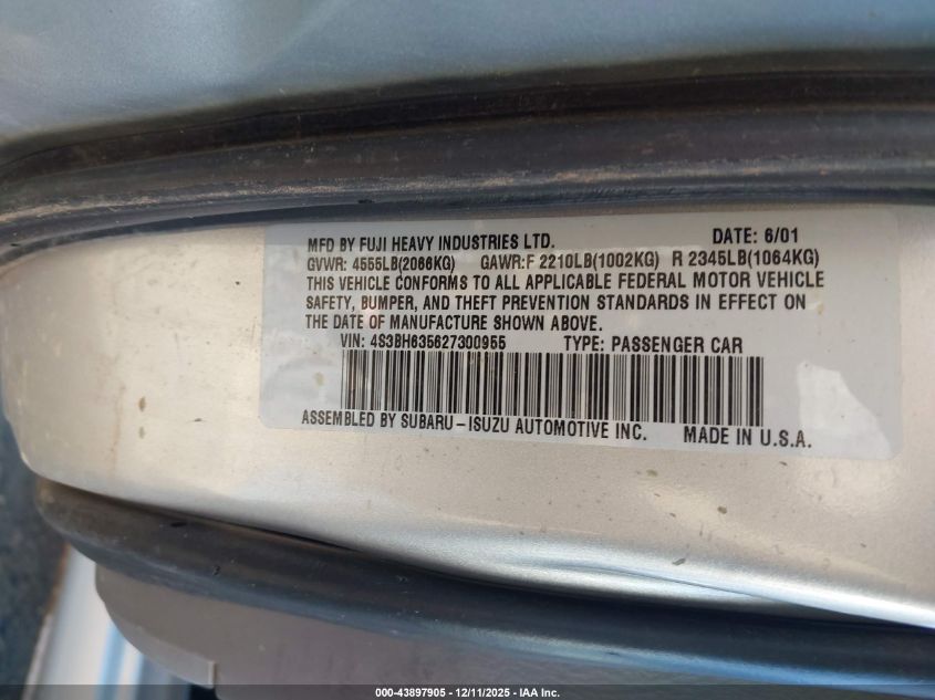 2002 Subaru Legacy L VIN: 4S3BH635627300955 Lot: 43897905