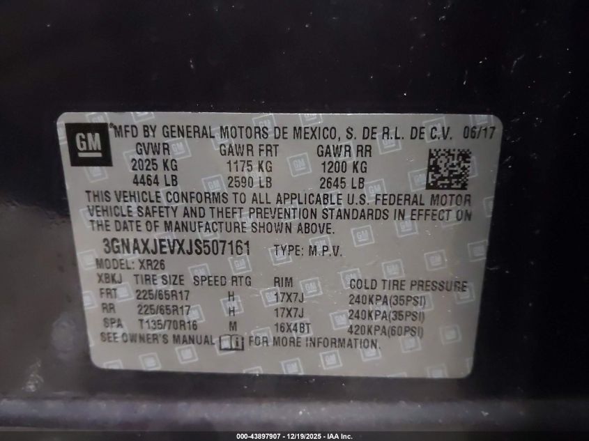 2018 Chevrolet Equinox Lt VIN: 3GNAXJEVXJS507161 Lot: 43897907