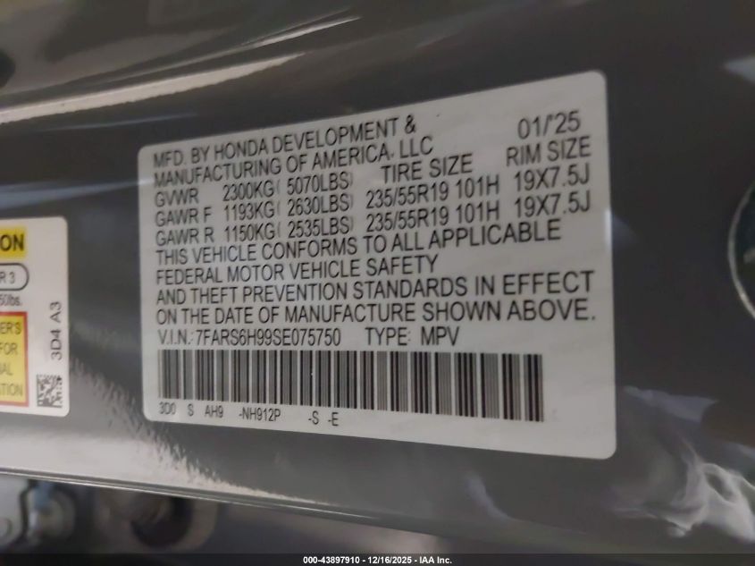 2025 Honda Cr-V Hybrid Sport Touring VIN: 7FARS6H99SE075750 Lot: 43897910