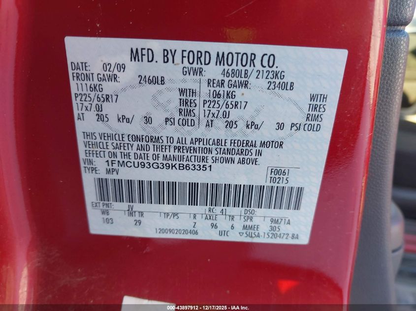 2009 Ford Escape Xlt VIN: 1FMCU93G39KB63351 Lot: 43897912