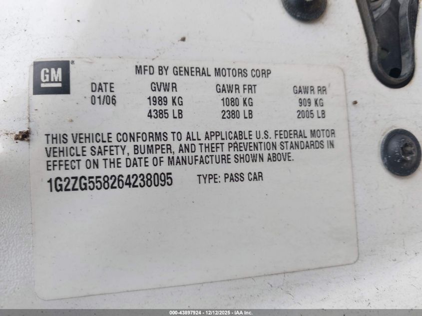 2006 Pontiac G6 VIN: 1G2ZG558264238095 Lot: 43897924