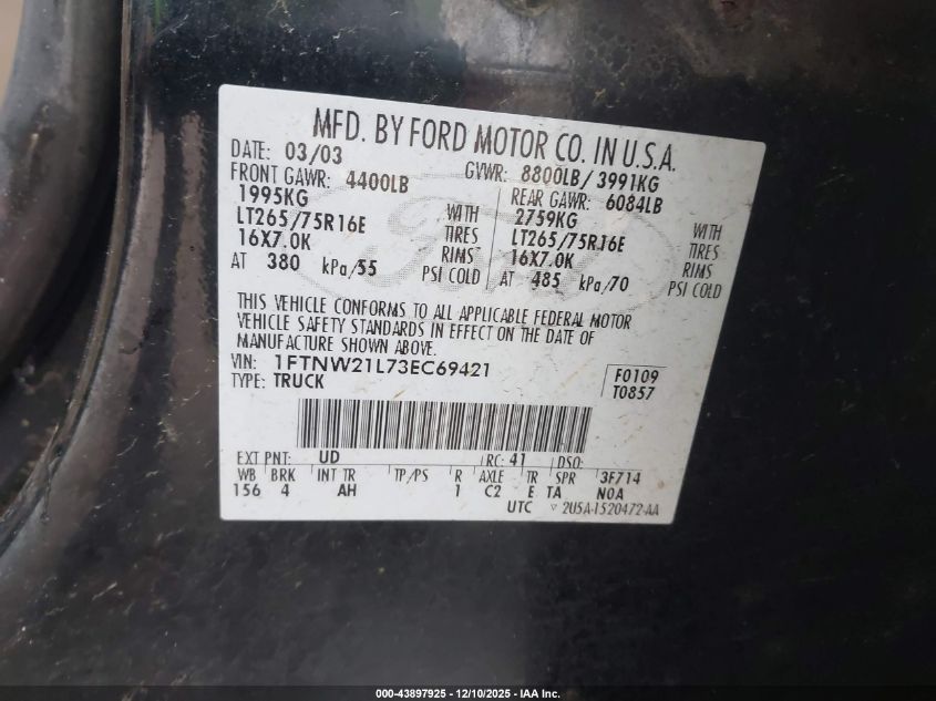 2003 Ford F-250 Lariat/Xl/Xlt VIN: 1FTNW21L73EC69421 Lot: 43897925