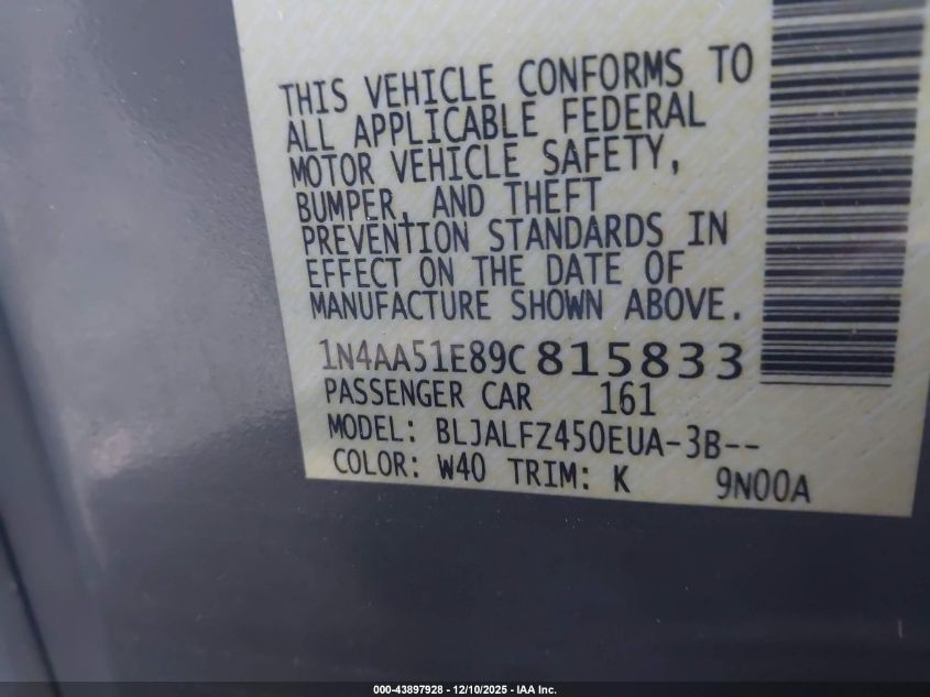 2009 Nissan Maxima 3.5 Sv VIN: 1N4AA51E89C815833 Lot: 43897928