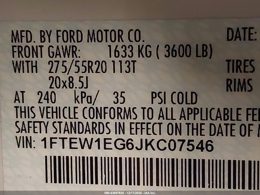 2018 Ford F-150 Lariat VIN: 1FTEW1EG6JKC07546 Lot: 43897930