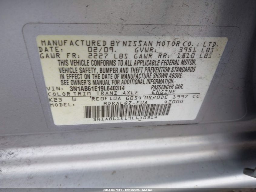 2009 Nissan Sentra 2.0 VIN: 3N1AB61E19L640314 Lot: 43897941