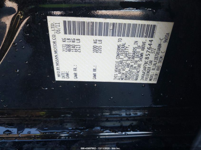 2011 Nissan Maxima 3.5 Sv VIN: 1N4AA5AP7BC857644 Lot: 43897952