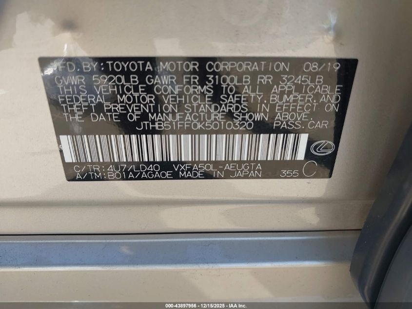 2019 Lexus Ls 500 VIN: JTHB51FF0K5010320 Lot: 43897956