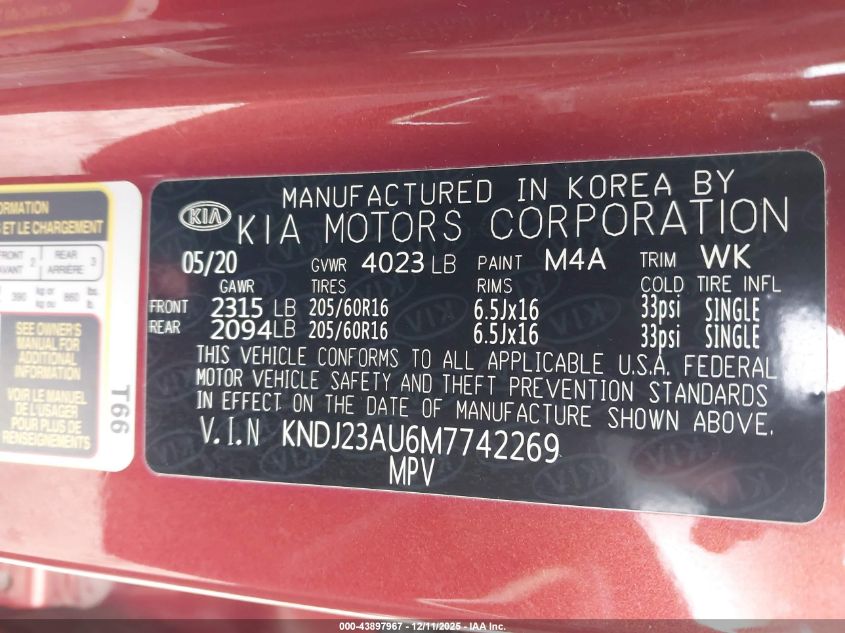 2021 Kia Soul Lx VIN: KNDJ23AU6M7742269 Lot: 43897967