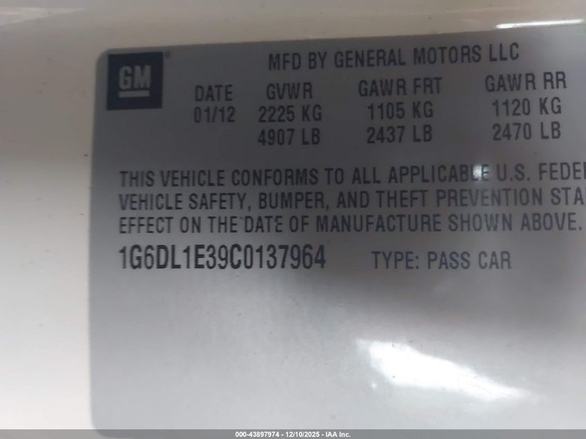 2012 Cadillac Cts Performance VIN: 1G6DL1E39C0137964 Lot: 43897974