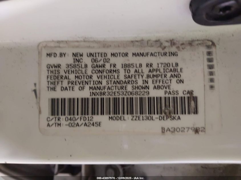 2003 Toyota Corolla S VIN: 1NXBR32E53Z068229 Lot: 43897976