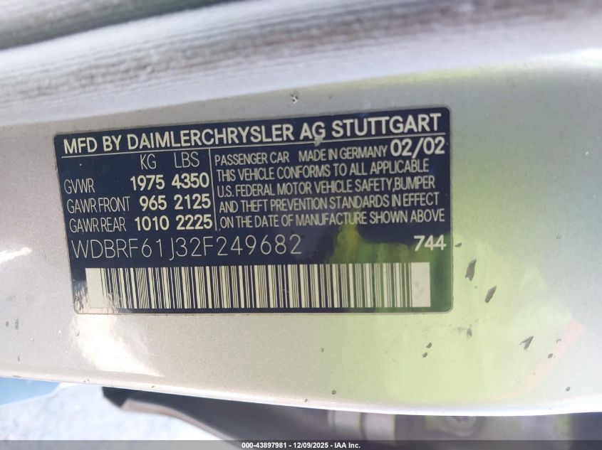 2002 Mercedes-Benz C 240 VIN: WDBRF61J32F249682 Lot: 43897981