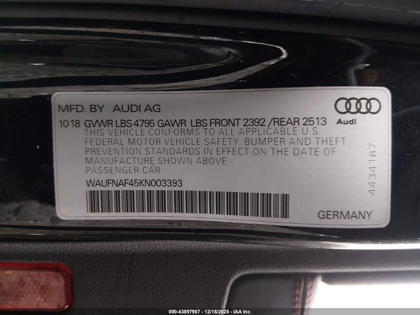 2019 Audi A4 45 Premium VIN: WAUFNAF45KN003393 Lot: 43897987