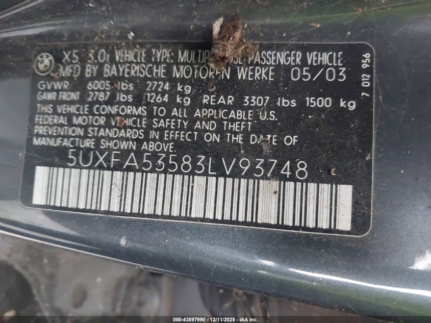 2003 BMW X5 3.0I VIN: 5UXFA53583LV93748 Lot: 43897990