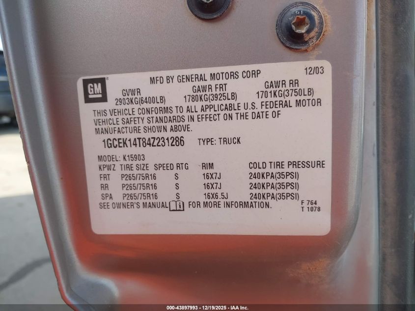 2004 Chevrolet Silverado 1500 Ls VIN: 1GCEK14T84Z231286 Lot: 43897993