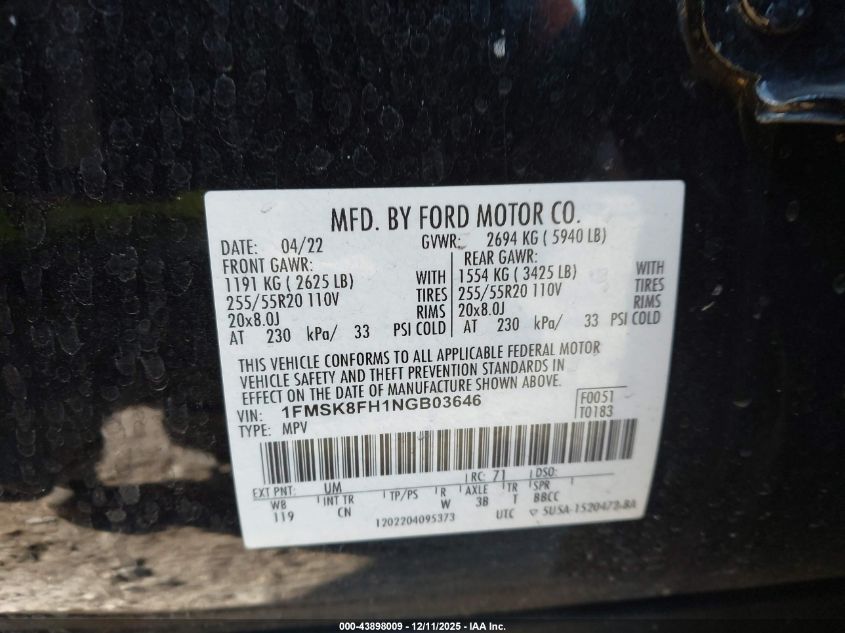 2022 Ford Explorer Limited VIN: 1FMSK8FH1NGB03646 Lot: 43898009