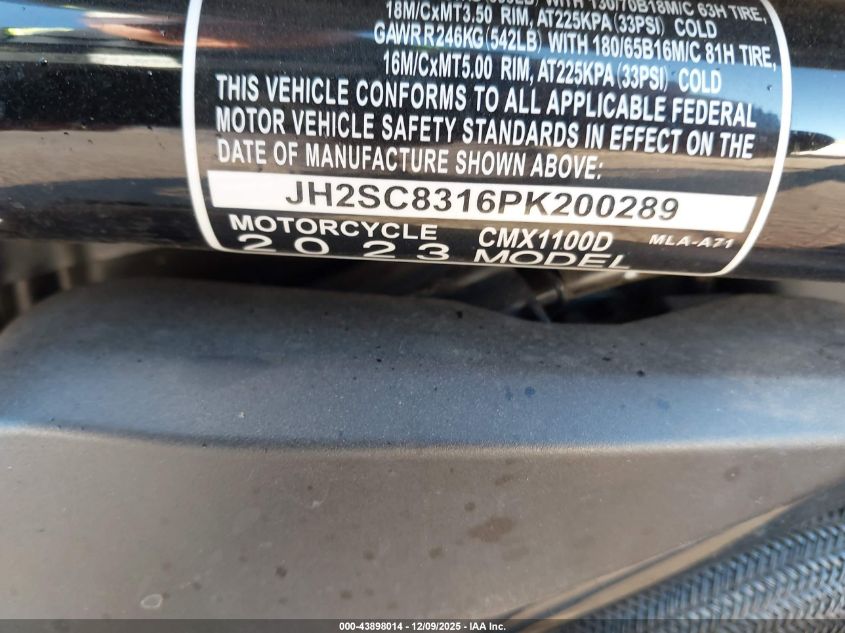 2023 Honda Cmx1100 D VIN: JH2SC8316PK200289 Lot: 43898014