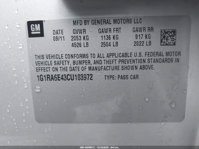 2012 Chevrolet Volt VIN: 1G1RA6E43CU103972 Lot: 43898017