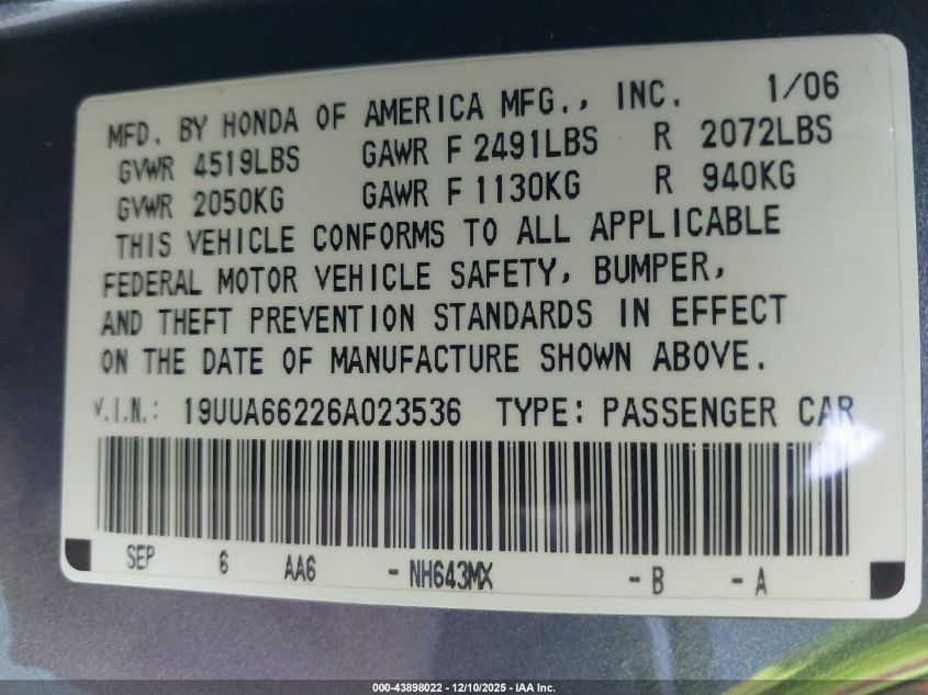 2006 Acura Tl VIN: 19UUA66226A023536 Lot: 43898022