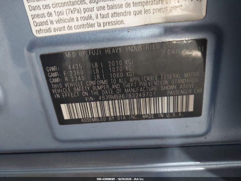 2011 Subaru Legacy 2.5I Premium VIN: 4S3BMBB67B3249701 Lot: 43898027