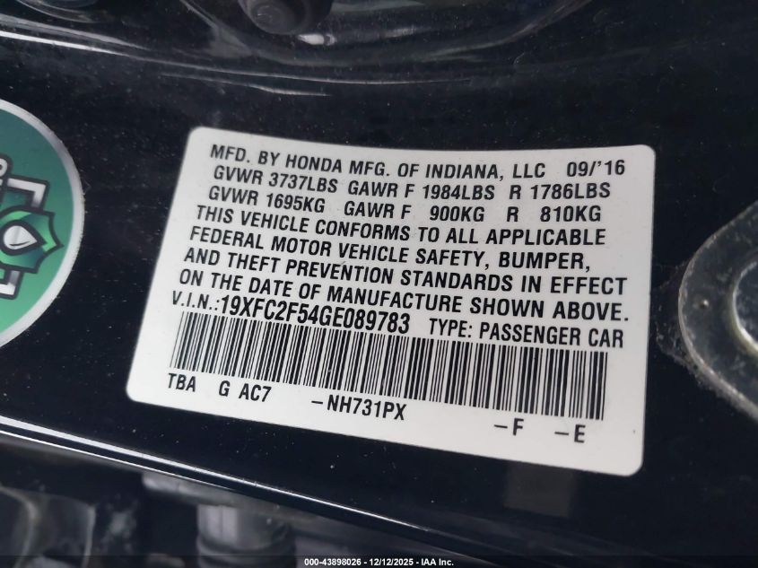 2016 Honda Civic Lx VIN: 19XFC2F54GE089783 Lot: 43898026