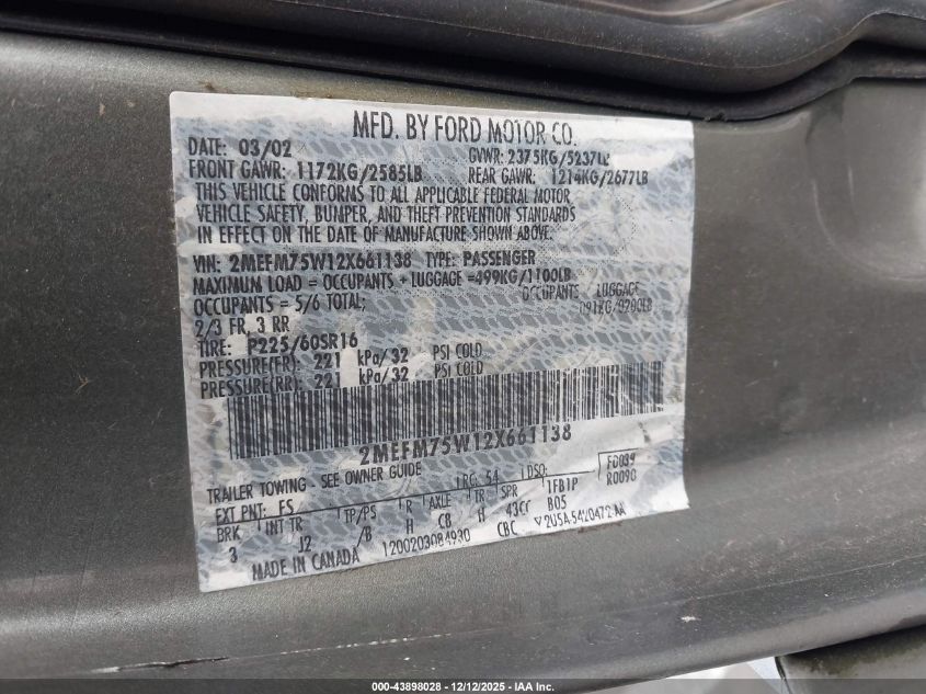 2002 Mercury Grand Marquis Ls VIN: 2MEFM75W12X661138 Lot: 43898028