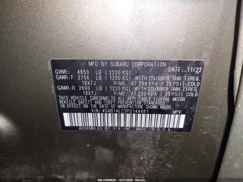 2023 Subaru Outback Onyx Edition VIN: 4S4BTALC3P3144481 Lot: 43898029