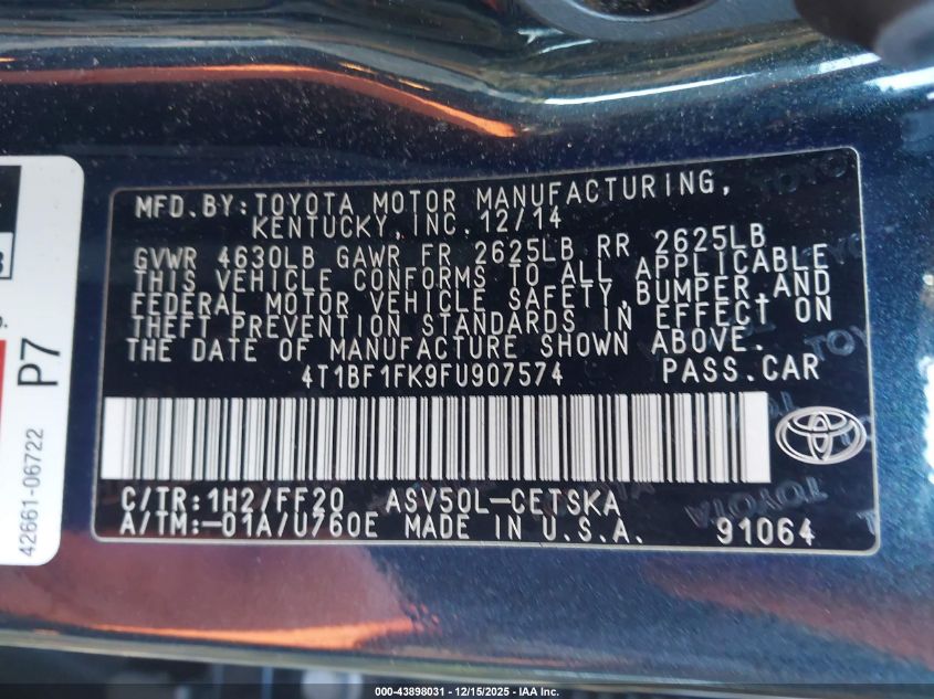 2015 Toyota Camry Se VIN: 4T1BF1FK9FU907574 Lot: 43898031