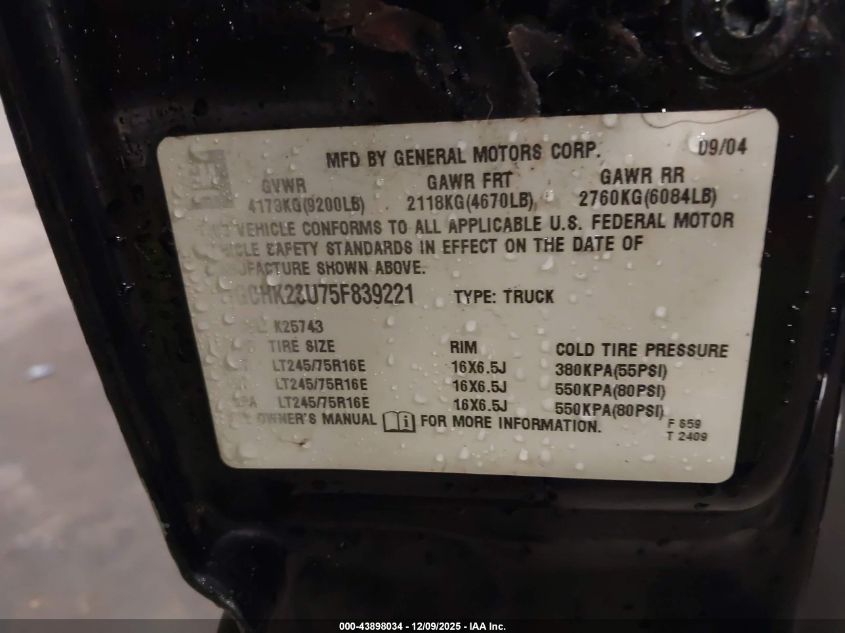 2005 Chevrolet Silverado 2500Hd Ls VIN: 1GCHK23U75F839221 Lot: 43898034