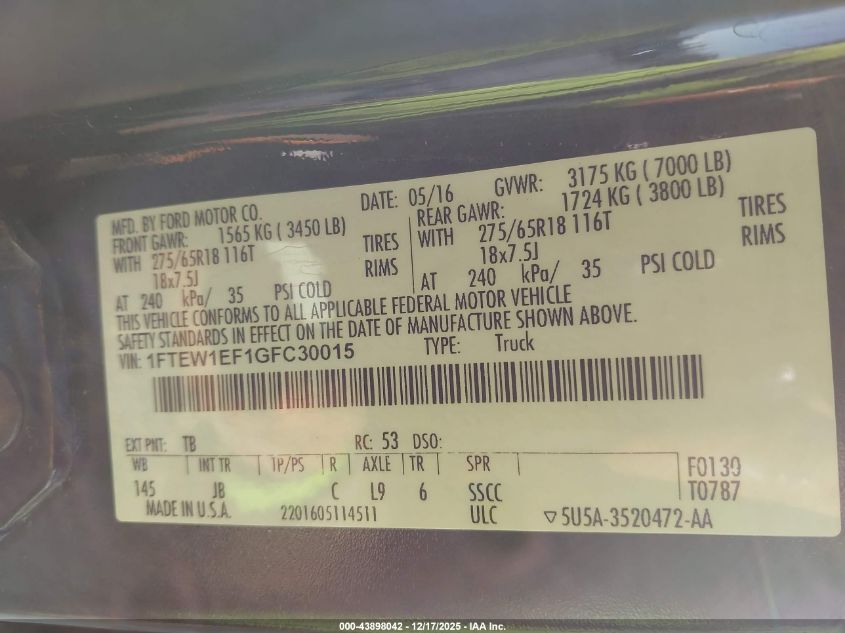 2016 Ford F-150 Xlt VIN: 1FTEW1EF1GFC30015 Lot: 43898042
